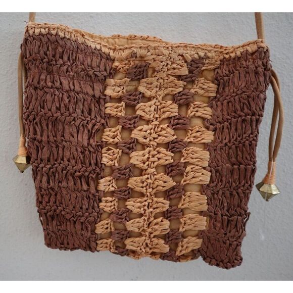 Free People Women's OS Peach/Brown Woven Drawstring Boho Heatwave Mini Bag - Picture 5 of 7